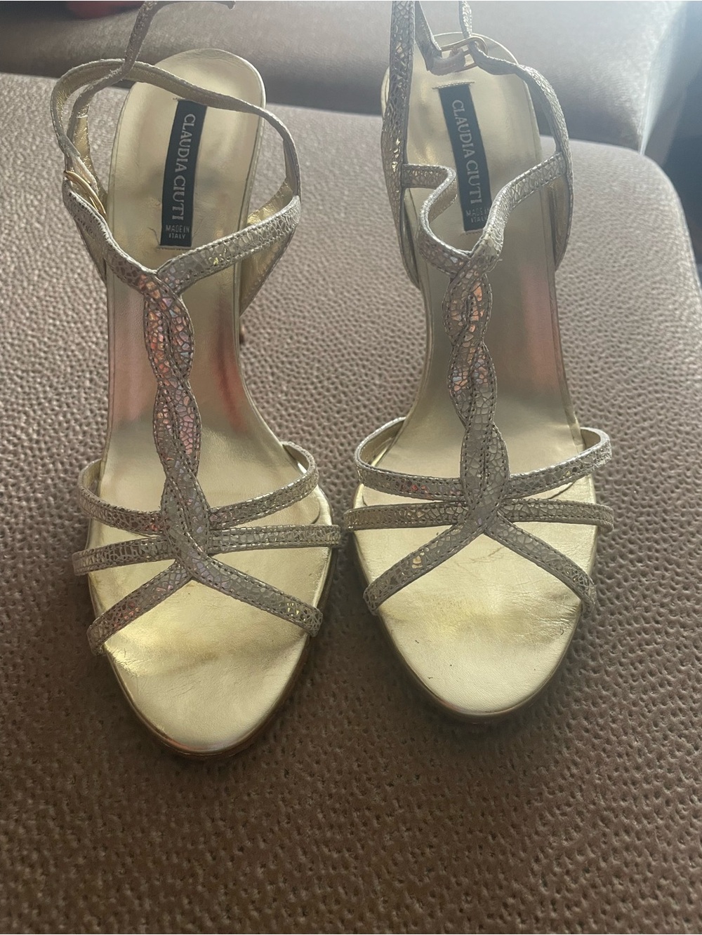 Claudia Ciuti Gold Braided T-Strap Heels